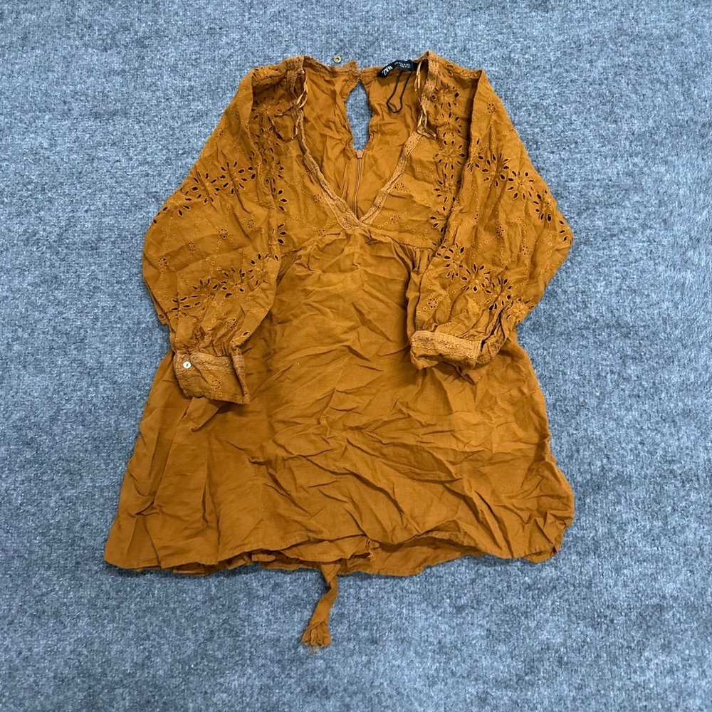 Zara Dress Womens Size M Orange Cotton Eyelet Embroidered Long Sleeve Boho Mini